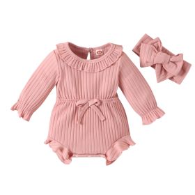 New Children's Clothing Baby Long Sleeve Sunken Stripe Romper Headscarf Female Baby Autumn And Winter Jumpsuit (Option: Pink-60cm)