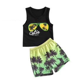 Boys Beach Style Glasses Palm Tree Print Vest Shorts Set (Option: Black-90cm)