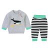 Baby Boy Cartoon Animal Embroidered Pattern Shoulder Button Design Pullover Sweater & Striped Trousers Sets