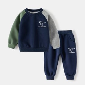 Children Dinosaur Printed Contrast Color Long Sleeves Suit (Option: Navy Blue Color Matching Suit-130cm)