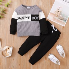 Long Sleeve Letter Print Top Solid Color Trousers Two-piece Set (Option: Gray-100cm)
